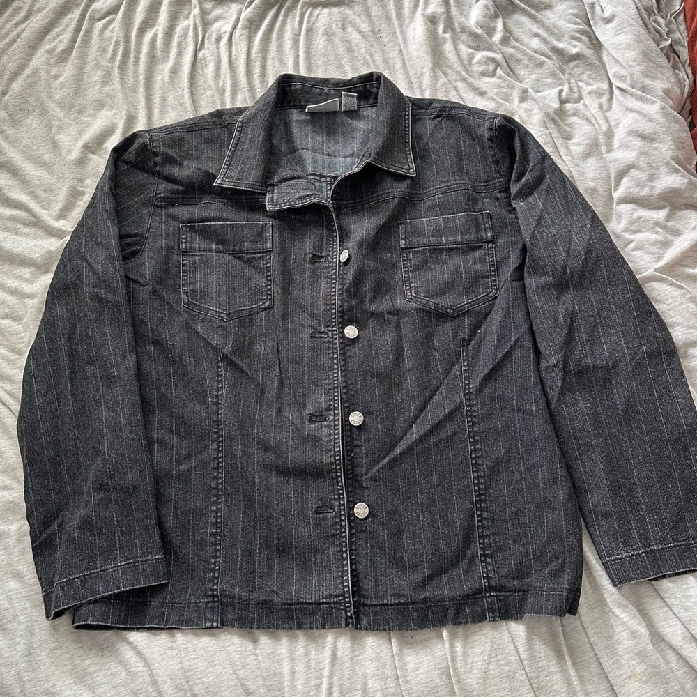 Chico’s Design black denim jacket with baby blue stitching stripes. Size 3